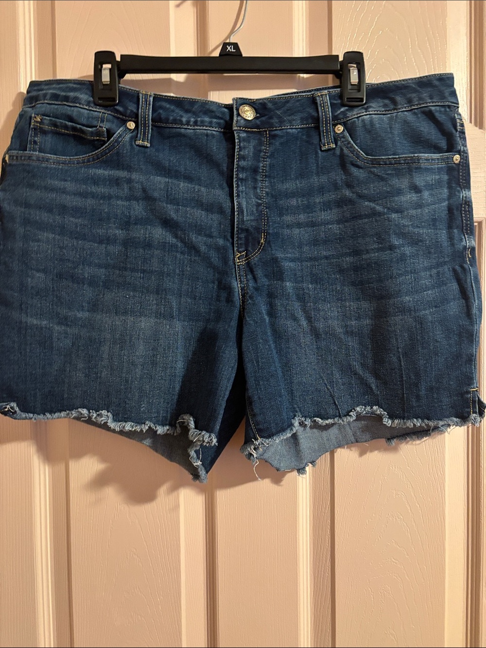 Seven7 Dark Blue Frayed Hem Denim Shorts